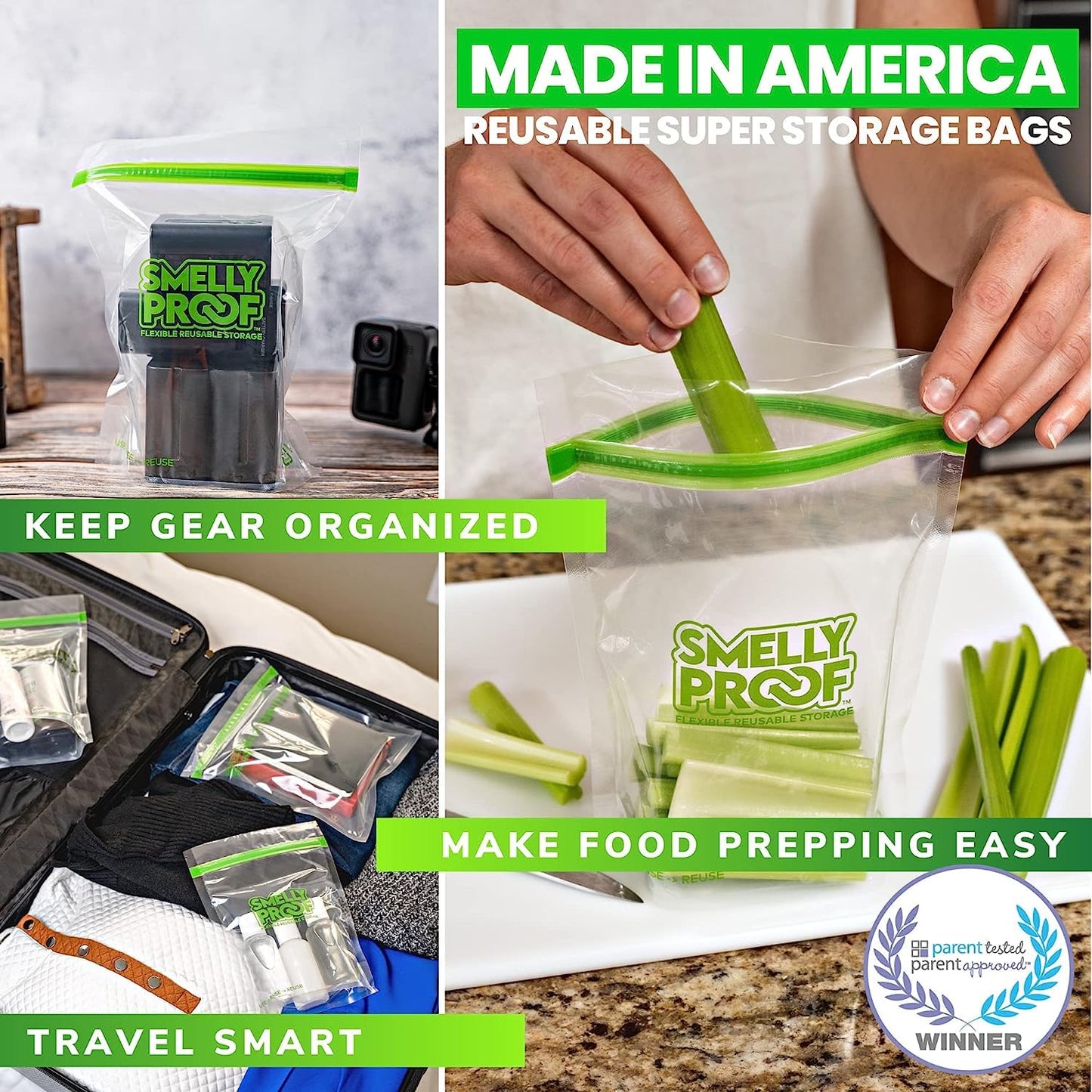 Smelly Proof 10 x Expandable Stand-Up & Fill REUSABLE Storage Bags for Food Designed & Mfg in US, NO PEVA, BPA FREE, Reusable Snack Bags, Dishwasher-Safe, Clear 3 mils STAND & FILL 6" x 4" - 10pk