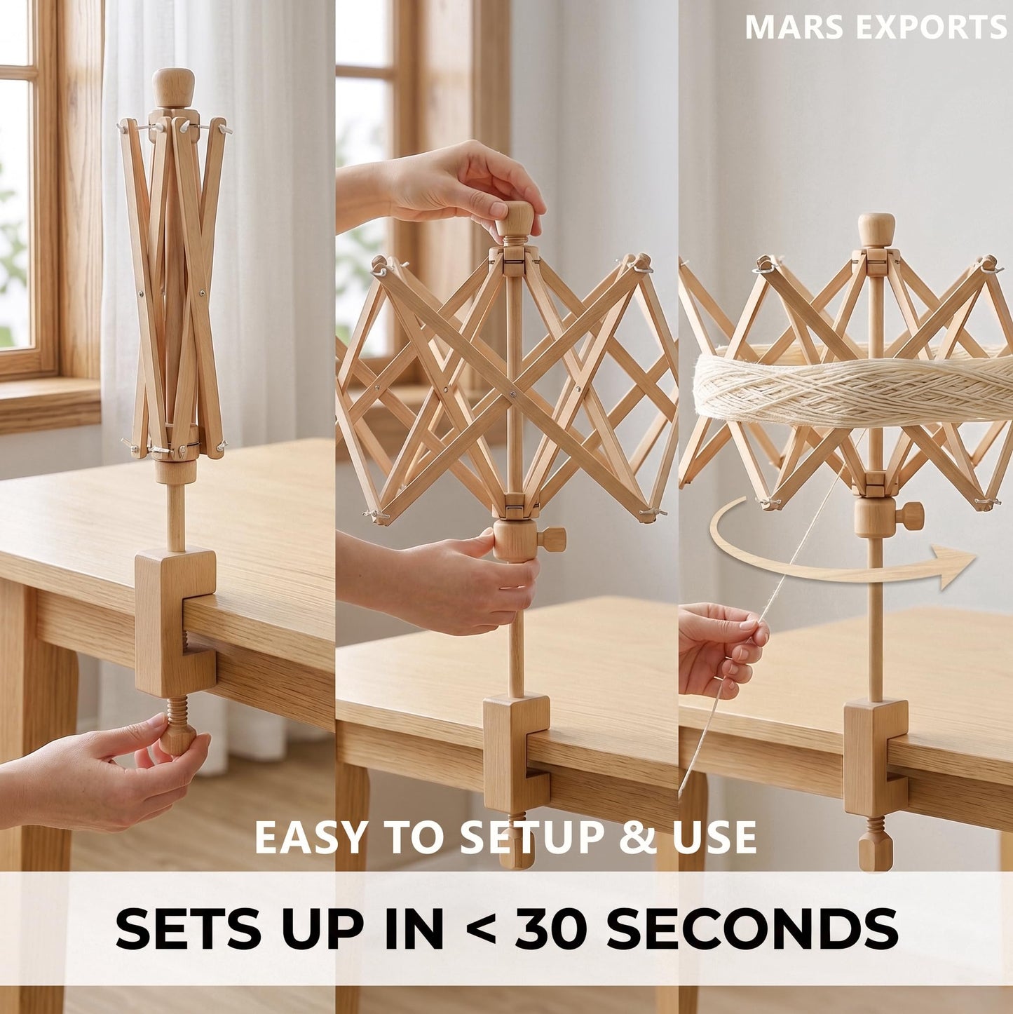Mars Export Wooden Umbrella Swift Yarn Winder - Heavy Duty Beech Wood Hand Operated Bobbin Holder for Knitting & Crocheting, Holds up to 6' Circumference Skein