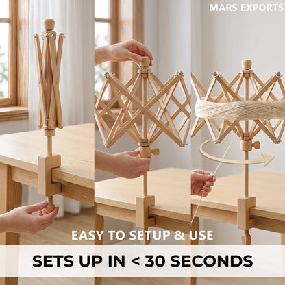Mars Export Wooden Umbrella Swift Yarn Winder - Heavy Duty Beech Wood Hand Operated Bobbin Holder for Knitting & Crocheting, Holds up to 6' Circumference Skein