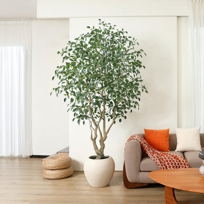 SOGUYI Ficus Tree Artificial Indoor, 8 Feet Tall Faux Ficus Tree with Round Artisan Planter, Premium Handmade, Realistic Trunk & Lifelike Leaves, Perfect for Large Spaces & Elegant Home/Office Decor