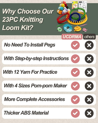 UCDRMA Loom Knitting Kit with Yarn, 23PCS Round Knitting Loom Kit for Beginners Including Instructions and Pom Pom Maker, Easy & Quick Hat Knitting Loom Set/Scarf Loom Knitting Set for Family