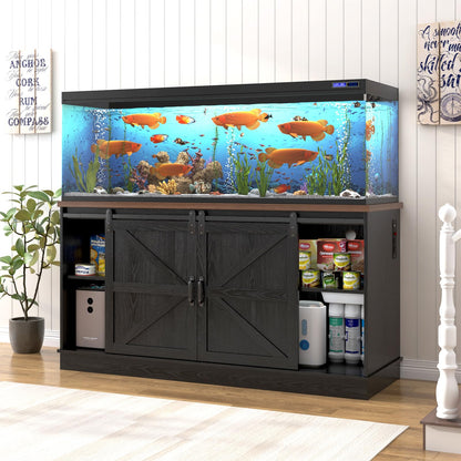 Hlivelood Farmhouse 75-120 Gallon Fish Tank Stand with Power Outlet, Aquarium Stand w/Cabinet&Sliding Barn Door, Heavy Duty Reptile Tank Stand for Fish/Turtle/Reptile Terrarium, 1000LB Capacity, Black
