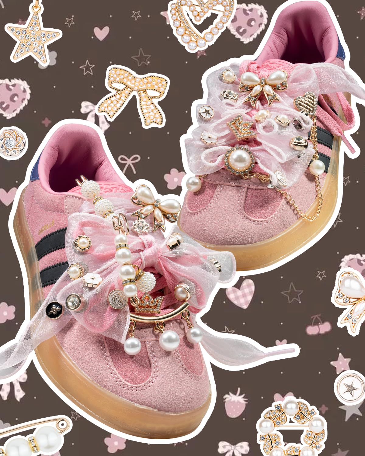 DoDoBeads 68 Pcs Shoe Charms for Sneakers, Elegant Sneaker Charms Kit with Pearls, Crowns, Ribbons & Satin/Lace Shoelaces, Sock Charm for Women, DIY Shoe Lace Decorations