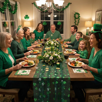 Artoid Mode Green Gauze Shamrocks St.Patrick's Day Table Runner 120 Inch 10FT,Seasonal Sheer Dining Holiday Baby Shower Table Decor for Home Party