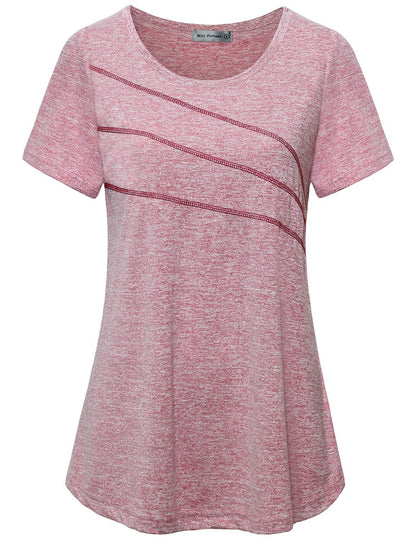 MISS FORTUNE Yoga Tunic Tops for Women, Ladies Gym T Shirts Short Sleeve Athletic Tee Shirt Fitness Sweat Wicking Stretchy Breathable Workout Clothing Plus Size 2XL Pink