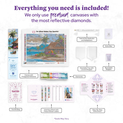 DIAMOND ART CLUB Beach Bungalow Diamond Painting Kit, Fun DIY Crafts for Adults, Square Diamond Art Canvas, 13.3" x 9.8" (33.9 cm x 24.9 cm)