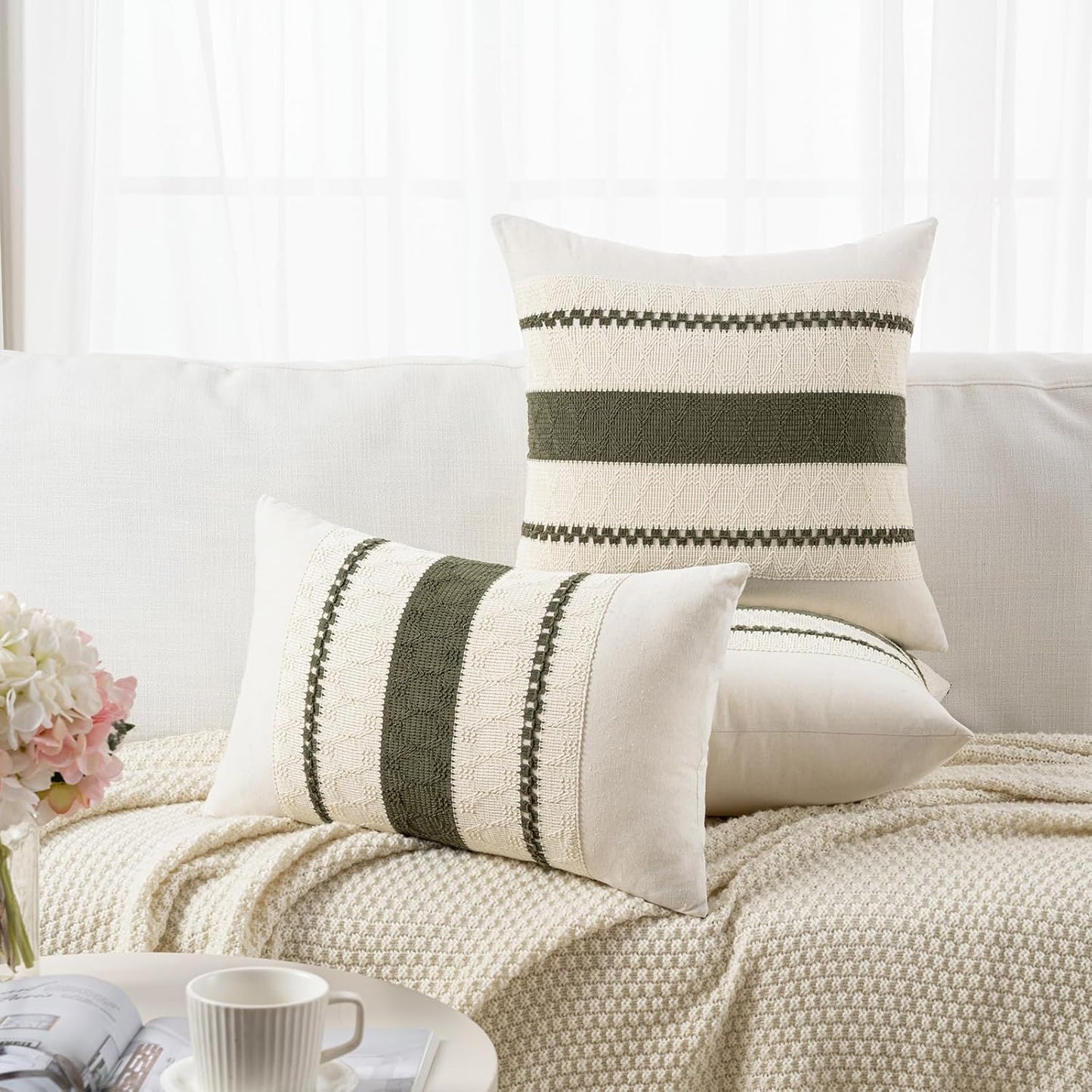 Fancy Homi Set 1 16x24 Inch of Boho Olive Green Long Lumbar Decorative Throw Pillow Cover for Couch Bed Sofa Chair