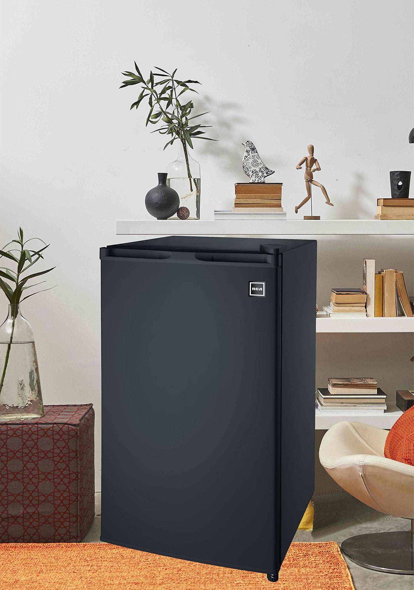 RCA RFR321-B-Black-COM RFR321 Single Mini Refrigerator-Freezer Compartment-Adjustable Thermostat Control-Reversible Doors-Ideal for Dorm, Office, RV, Garage, Apartment-Black Cubic Feet, 3.2 CU.FT