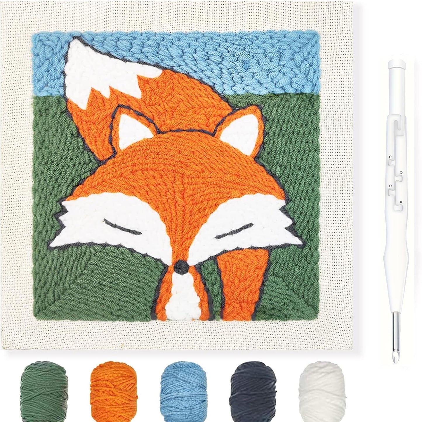 HAND U JOURNEY Animal Punch Needle Kit for Adults – 9.4"x9.4" Rug Yarn Hooking DIY Craft Kit with Adjustable Punch Pen – Fox Pattern Beginner Embroidery Set, Fun Handmade Gift