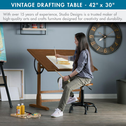 Studio Designs Vintage Drafting Table - Antique Design Solid Wood Drafting Table with Built-In Pencil Groove and Pencil Ledge - Angle Adjustable Work Surface