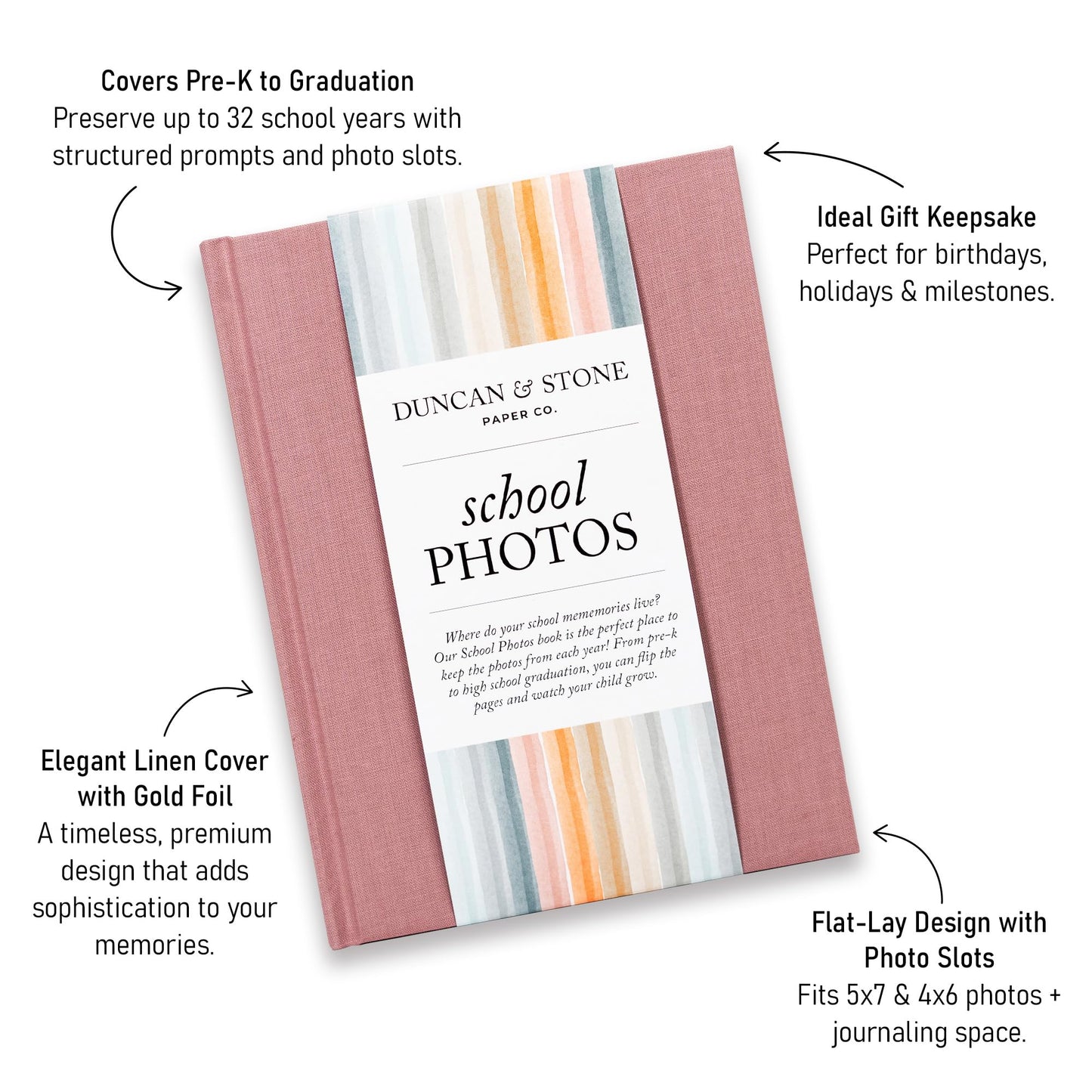 Elegant School Memory Book Prek-12 - Durable School Photo Book w/Photo Spaces, Prompts & More - 70 Pages Kids Scrapbook for Easy Journaling (Mauve)