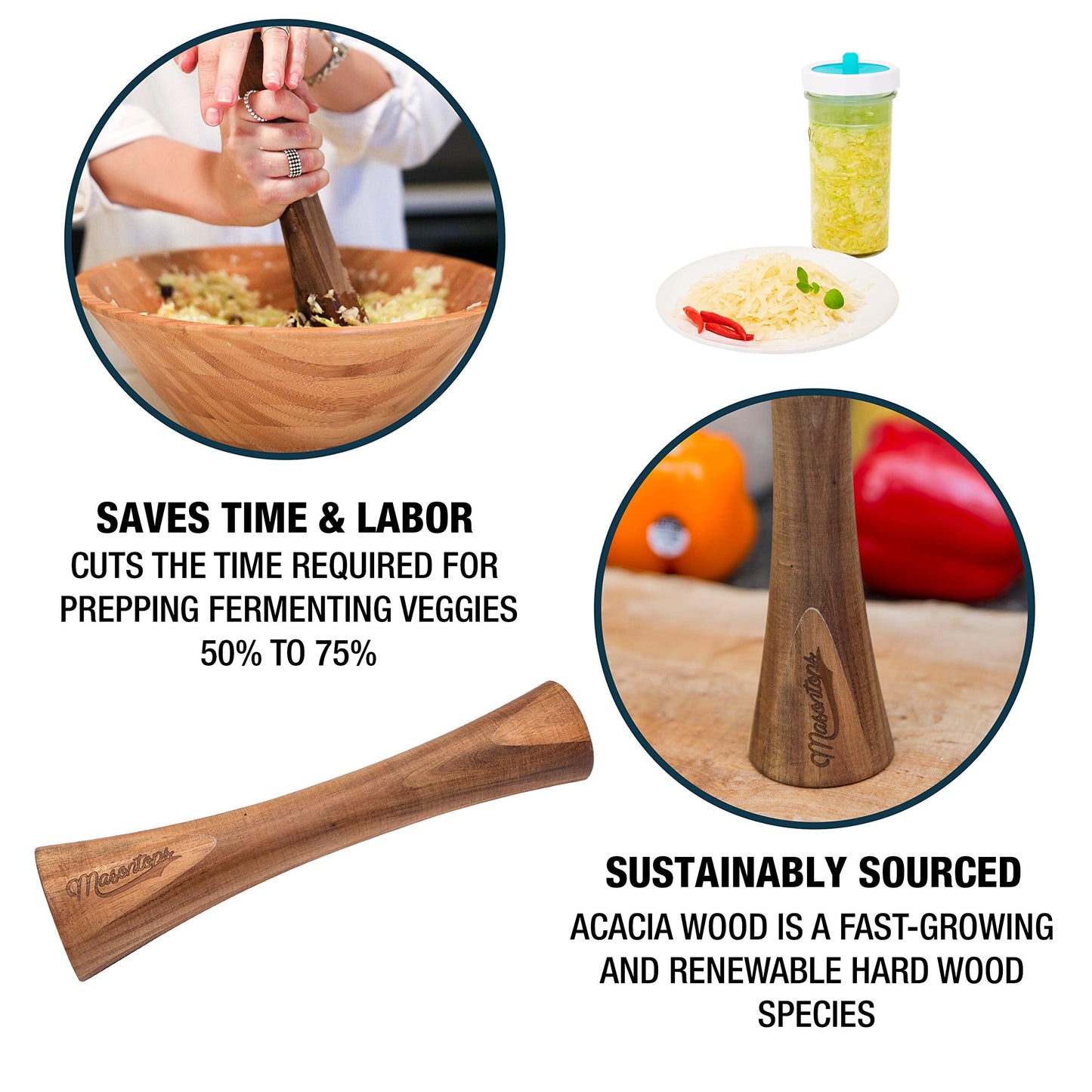 Masontops Pickle Packer - Acacia Wood Vegetable Fermentation Tamper - Cabbage Sauerkraut Pounder - Fermenting Food Tool