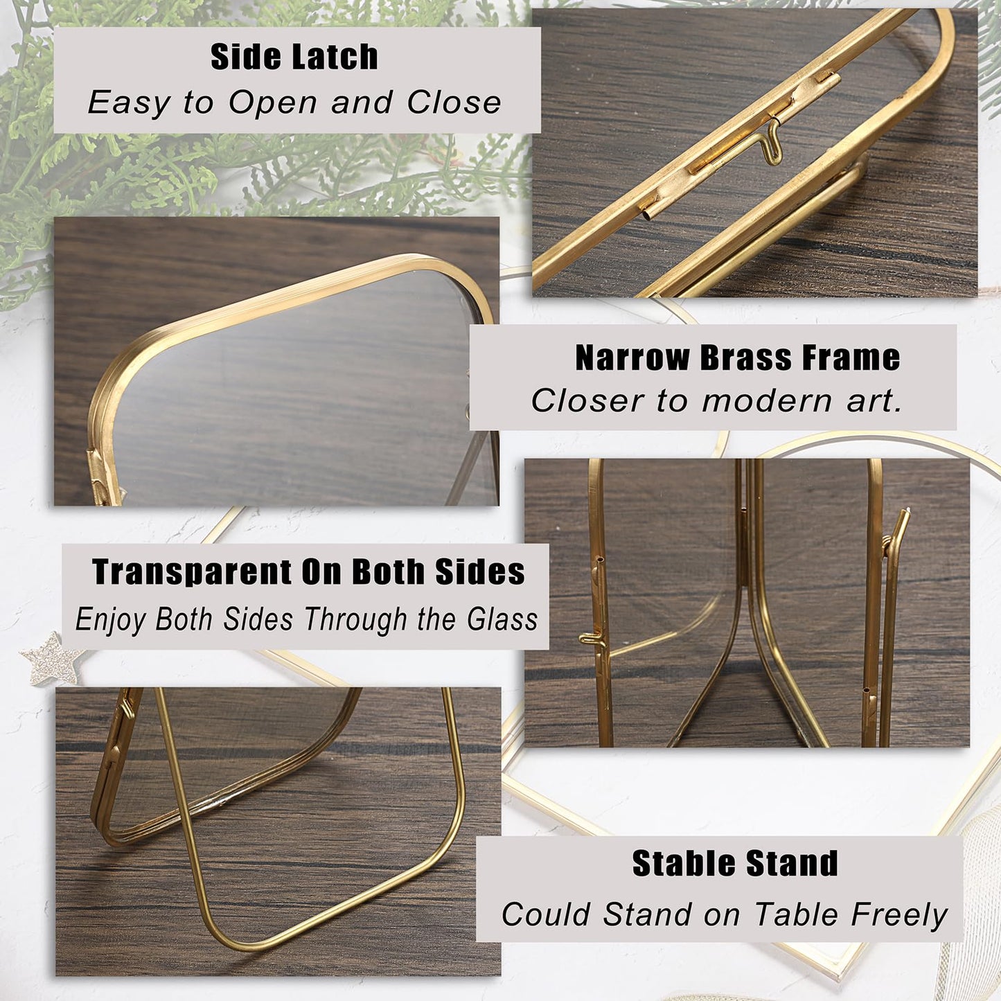 JUXYES Tabletop Double Glass Brass Frames for Pressed Flowers, Double Sided Glass Frame Gold Floating Artwork Display Frames for Photo, Picture, Dried Pressed Flower, etc, 4x6 Inches