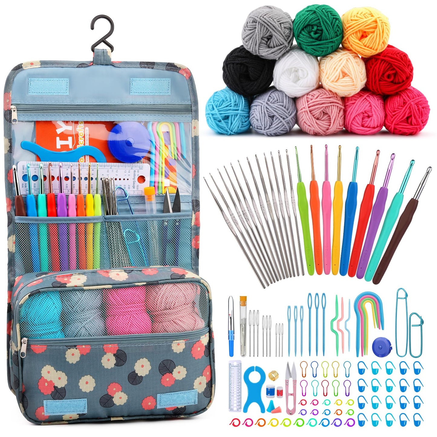 Pnytty Crochet Kit for Beginners Complete 130 Pieces Starters Knitting Kit with Crochet Yarn, Ergonomic Crochet Hooks and Crochet Accessories in Hangable Storage Bag