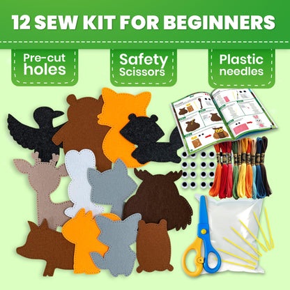 QUOKKA Kids Crafts Ages 4-8, DIY Beginner Needle and Thread Kit - 12 Wild Animals Sewing Kit Basic - Fun Arts Crafts for Kids Ages 6-8 Girls Boys - Plastic Needles, Scissors - 6+ Year Old Girl Gifts