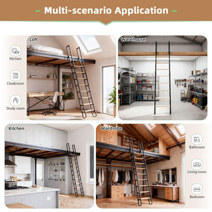 10.35FT Industrial Style Loft Ladder, 8 Steps with Black Steel Handrails & Solid Wood Steps, 450lbs Capacity, Fits 8.2-9FT Installation Height,for Attic, Kitchen, Warehouse, Bookshelf& Outdoor