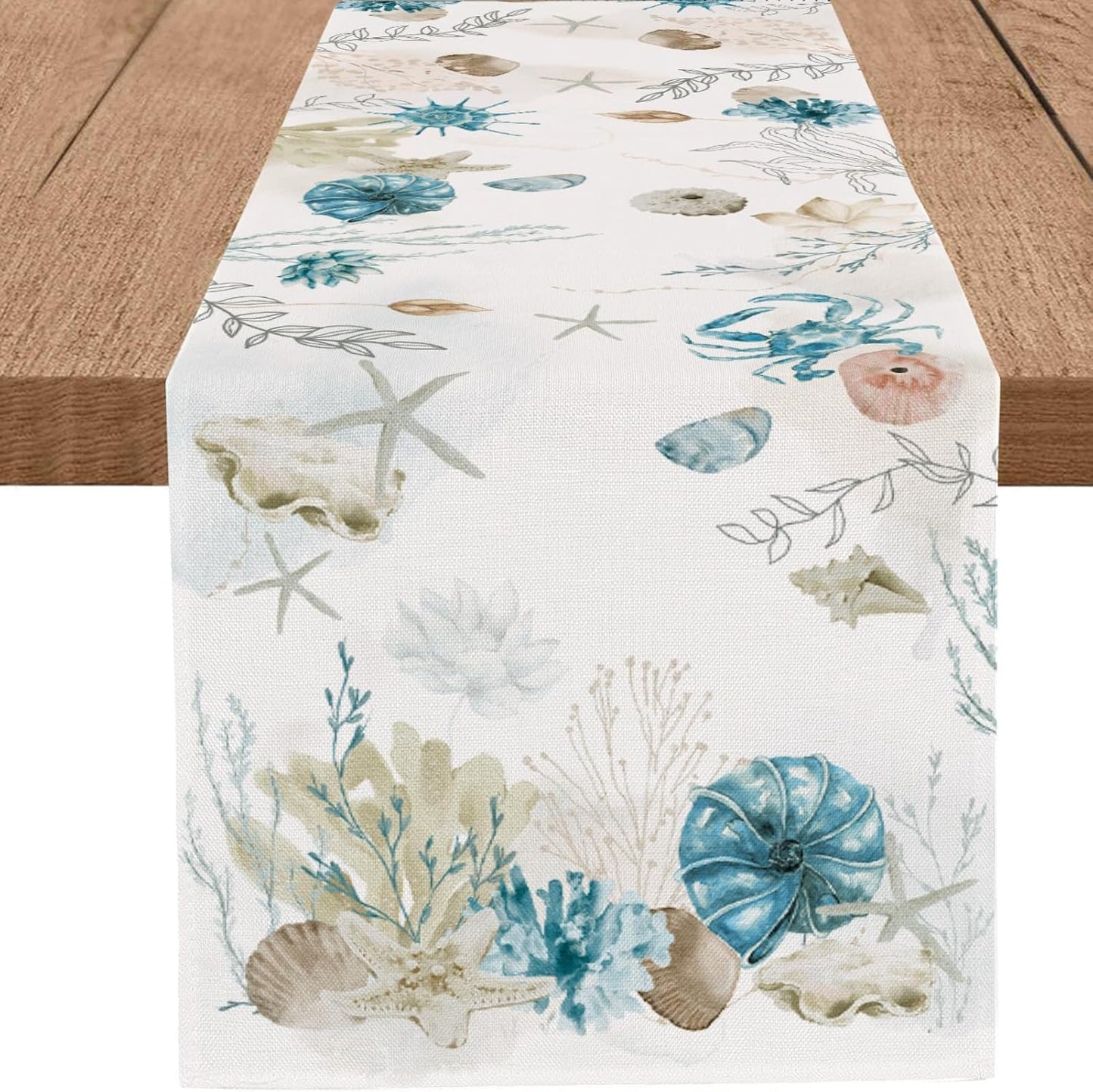 13x90 Inch PROCIDA Blue Beach Table Runner Tropical Ocean Coastal Table Runners Seashell Burlap Seasonal Nautical