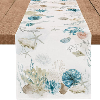 13x36 Inch PROCIDA Blue Beach Table Runner Tropical Ocean Coastal Table Runners Seashell Burlap Seasonal Nautical