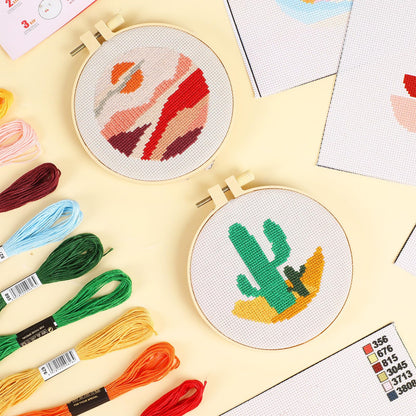 ZOIIWA 6PCS Cross Kits for Beginners DIY Embroidery Kit for Adults Boho Cross Kits Christmas Birthday Gift Abstract Landscape Needlepoint Patterns with 2 Embroidery Hoops Craft Supplies