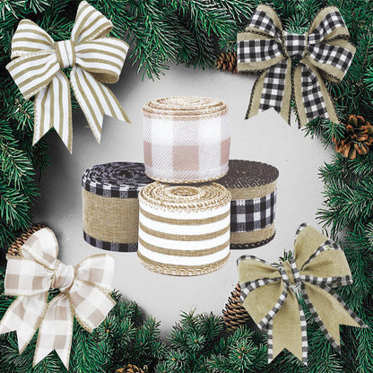 4 Rolls Winter Burlap Checked Ribbon Wire Border Christmas Holiday DIY Present Butterfly Floral Craft Decor 1.5 Inches Wide 13.2 Yard (Natural)