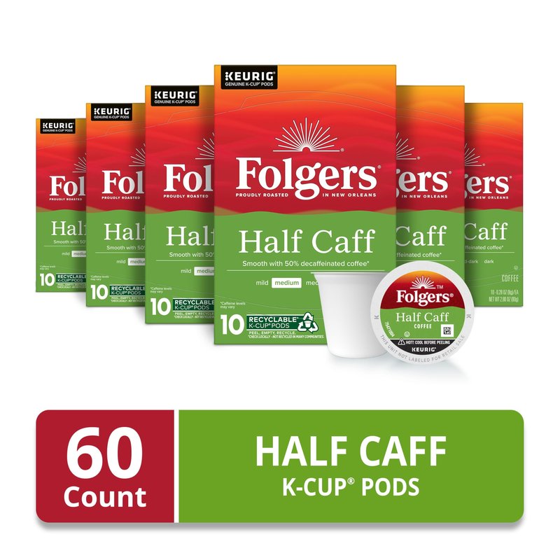 Folgers Half Caff Medium Roast Coffee, Keurig K-Cup Pods, 10 Count Boxes (Case of 6)
