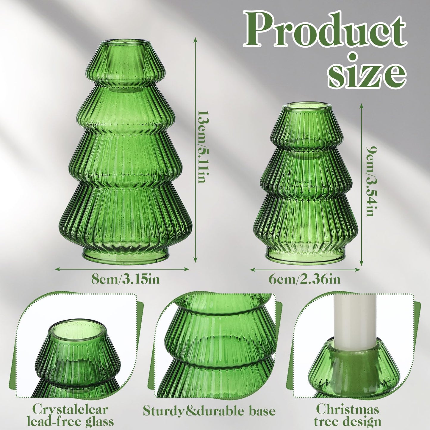 Leinuosen 4 Pcs Christmas Tree Candle Holder Green Glass Candlestick Holder for Taper Candle Stand Modern Green Candlestick for Christmas Holiday Table Centerpiece Mantel Home Room Party Decor Gift
