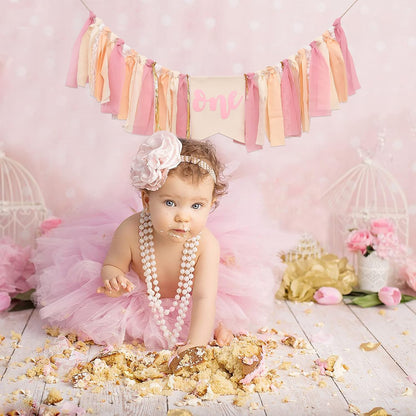 1st Girl Pink Theme Birthday High Chair Banner - Boho First Birthday Cake Smash Photo Decor (PINK ONE HF)