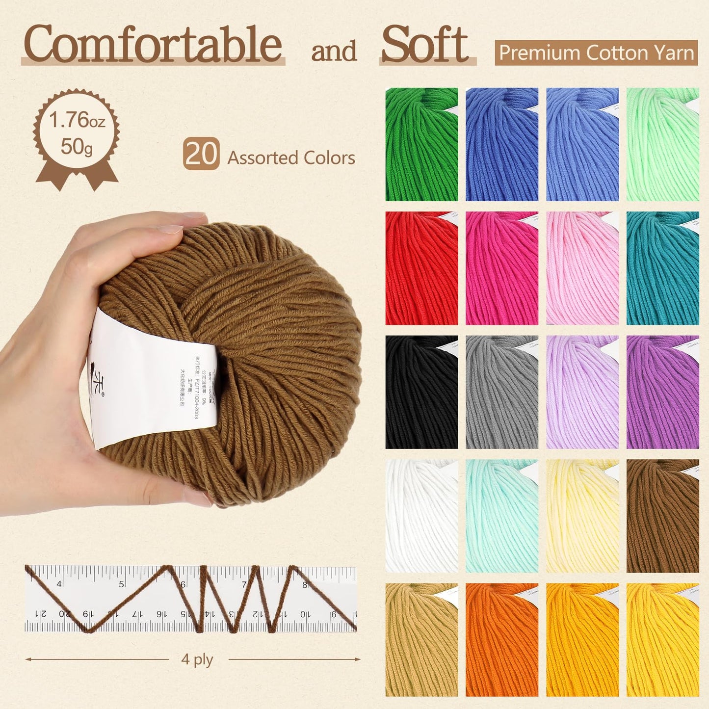 Katech 20 Skeins Cotton Yarn for Crocheting-55% Cotton 45% Acrylic-#3 DK (Light)-Super Soft Milk Cotton Yarn-Great Crochet and Knitting Starter Kit for Colorful Craft（Color A）