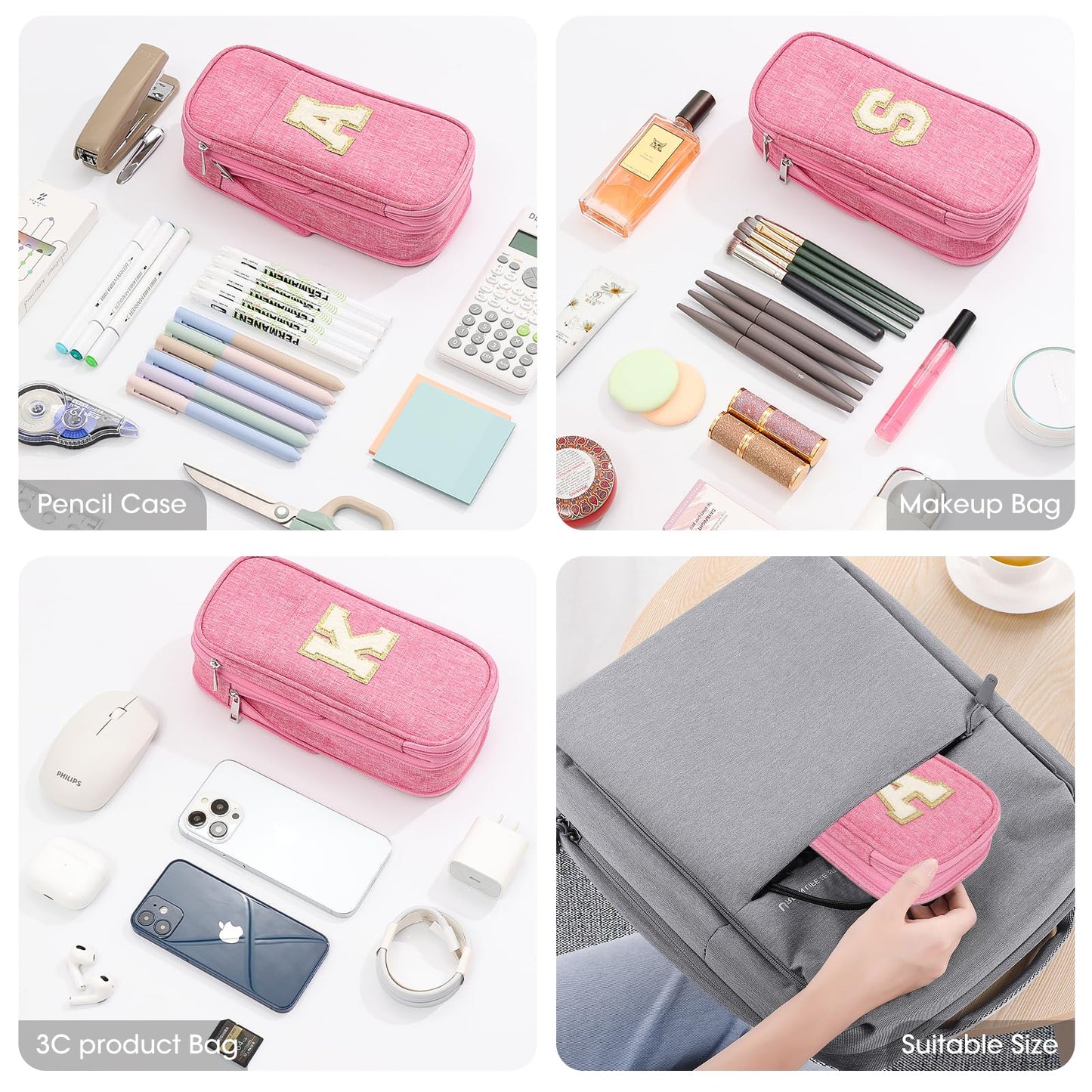 GIFTOXO Pencil Case for Girls Women, Back to School Supplies, Preppy Pencil Case, Large Initial Pencil Pouch with Zipper, Cute Pencil Bag, Aesthetic Pen Case Box for Kids Teen Girls - A(Pink)