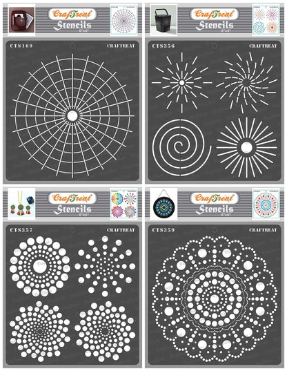 CrafTreat Reusable Dot Mandala Stencils for Painting on Wood, Canvas, Paper, Floor, Wall and Tile - Dot Mandala Basics, Outlines, Round and Radar - 4 Pcs - 6x6 Inches Each - DIY Craft Stencils