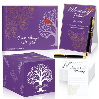55 Pcs Funeral Supplies Funeral Guest Book for Memorial Service Included Pen Table Sign Cardinal Memorial Memory Cards Box with 50 Pcs Share a Memory Cards for Guest Funeral Farewell Party (Purple)