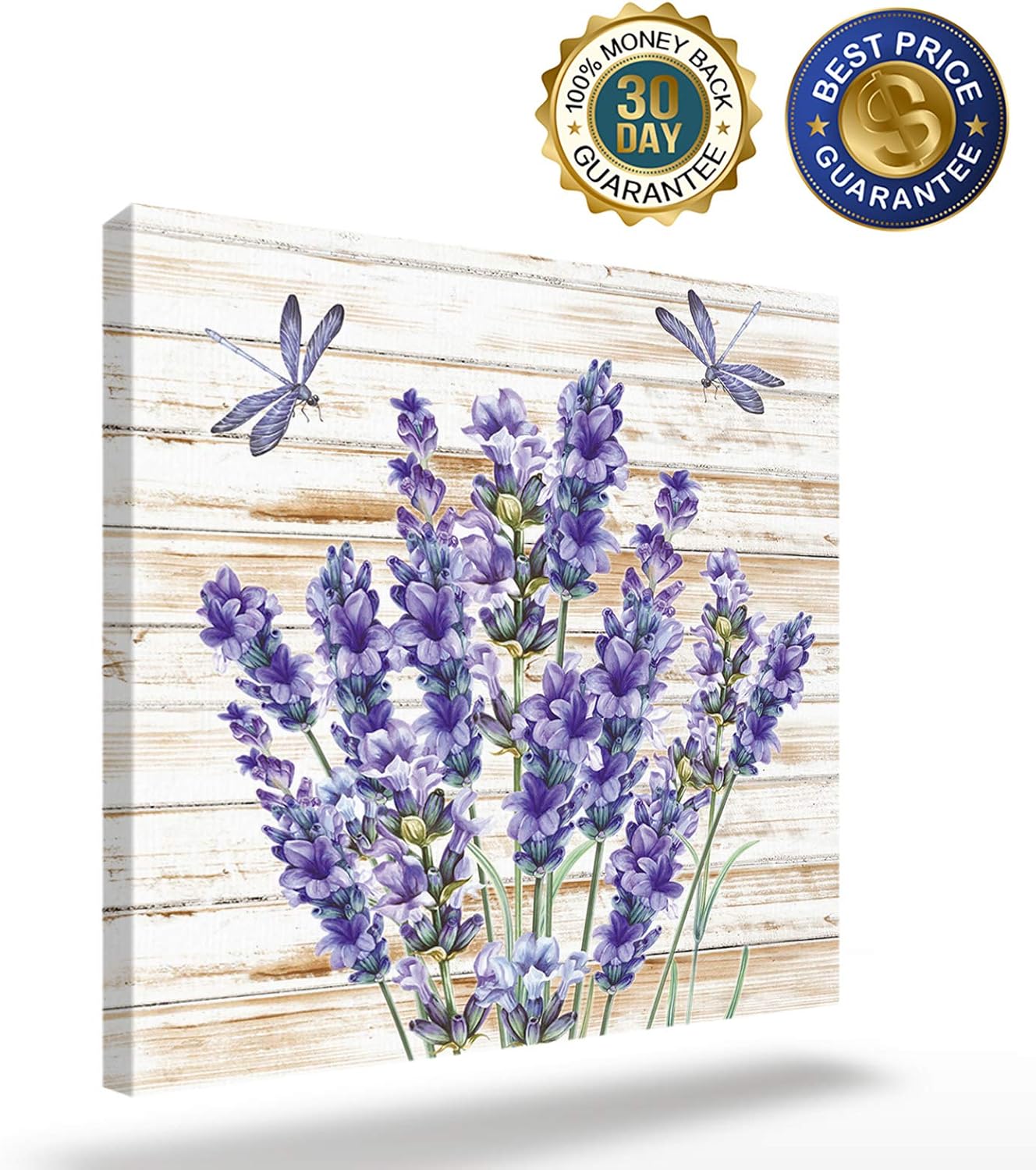 Canvas Wall Art for Living Room, Purple Floral Lavender Dragonfly, Rustic Modern Farmhouse Decor, Framed 16'' x 16''