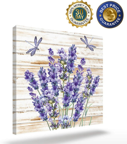 Canvas Wall Art for Living Room, Purple Floral Lavender Dragonfly, Rustic Modern Farmhouse Decor, Framed 16'' x 16''