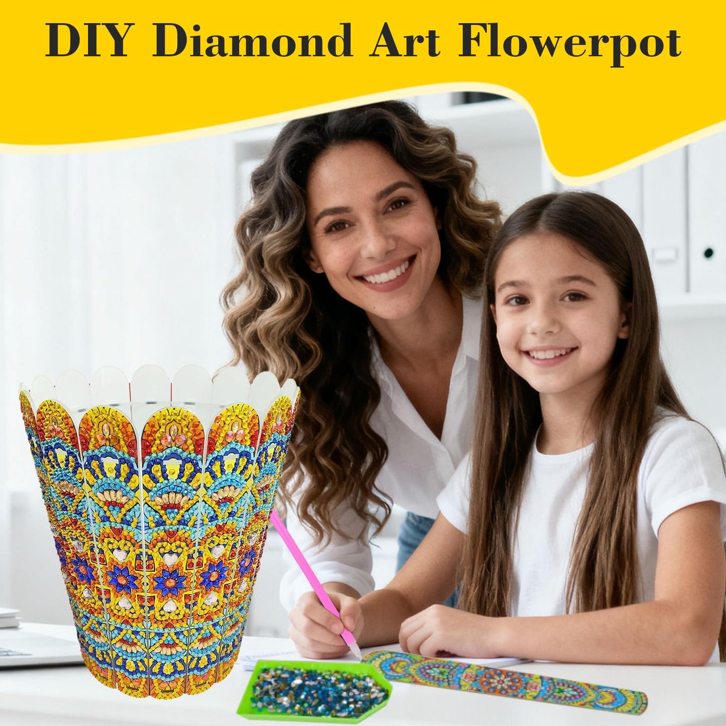 GREENCRUISE Diamond Art Kits for Adults, DIY Flowerpot Diamond Art, Diamond Painting Kit, Ideal Desktop Thoughtful Female Gifts for Living Room Home Decor,Yellow