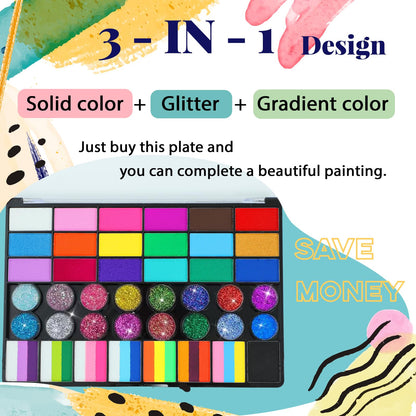 Face Painting Kit for Kids, 42 Colors Professional Face Paint Makeup Kit Non-Toxic Water Activated Facepaint Palette with Brush, Stencil, Sponge, Gem, for Party Halloween Christmas (42 Colors)