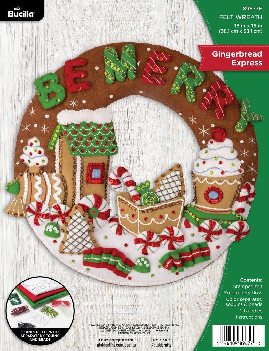 Bucilla Felt Applique Wreath Making Kit, Gingerbread Express, Perfect for DIY Arts and Crafts, 89677E