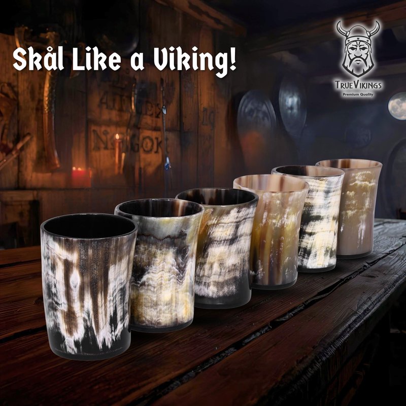 TRUE VIKING Drinking Horn Cup Set of 6 – Unique Viking Gifts for Men, Dad, Husband – Natural Ox Horn Shot Glasses with Thor Bottle Opener & Metal Caddy – Leak-Proof – For Beer, Ale, Mead (5 oz/Glass)