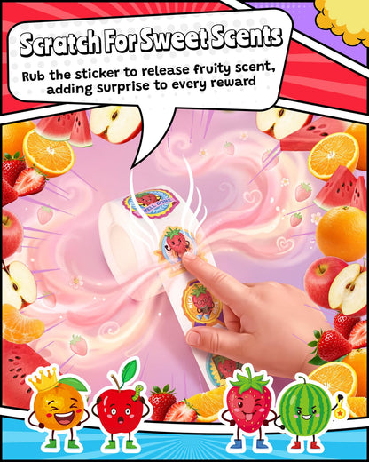 HORIECHALY Reward Smelly Roll Stickers for Kids 4 Rolls, 1200 PCS 4 Scent Scratch and Sniff Stickers Food Theme, Positive Reward for Classroom, Portable Drawer Box for Travel, Car, Airplane