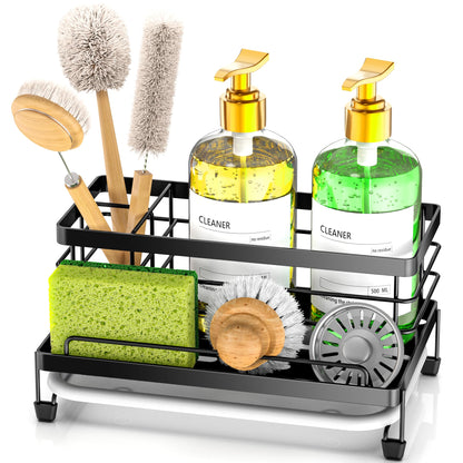 Cisily Black Sponge Holder for Kitchen, Sink Caddy Sink Organizer Rack for Kitchen Accessories with Drip Tray, Rustproof and Non-slip, Soap Dispenser Countertop Organizer Essentials for New Home