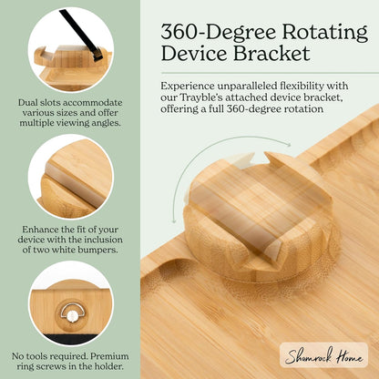 13.75 9.5) Shamrock Home Bamboo Couch Arm Table with Device Holder, Clip On Tray. for TV Dinners, Remotes, Drinks