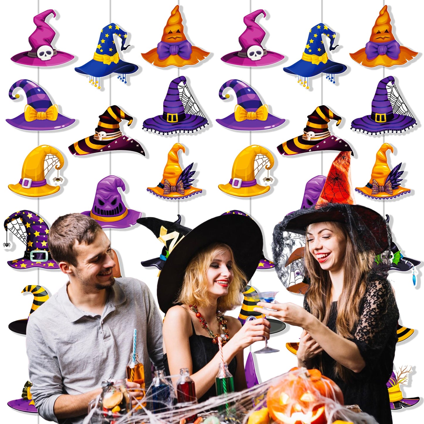 Halloween Witch Hat Garlands Halloween Party Supplies 8PCS Pre-Strung Witch Hanging Paper Garland Banners Wizard Hat Decorations for Spooky Theme Birthday Baby Shower Decor