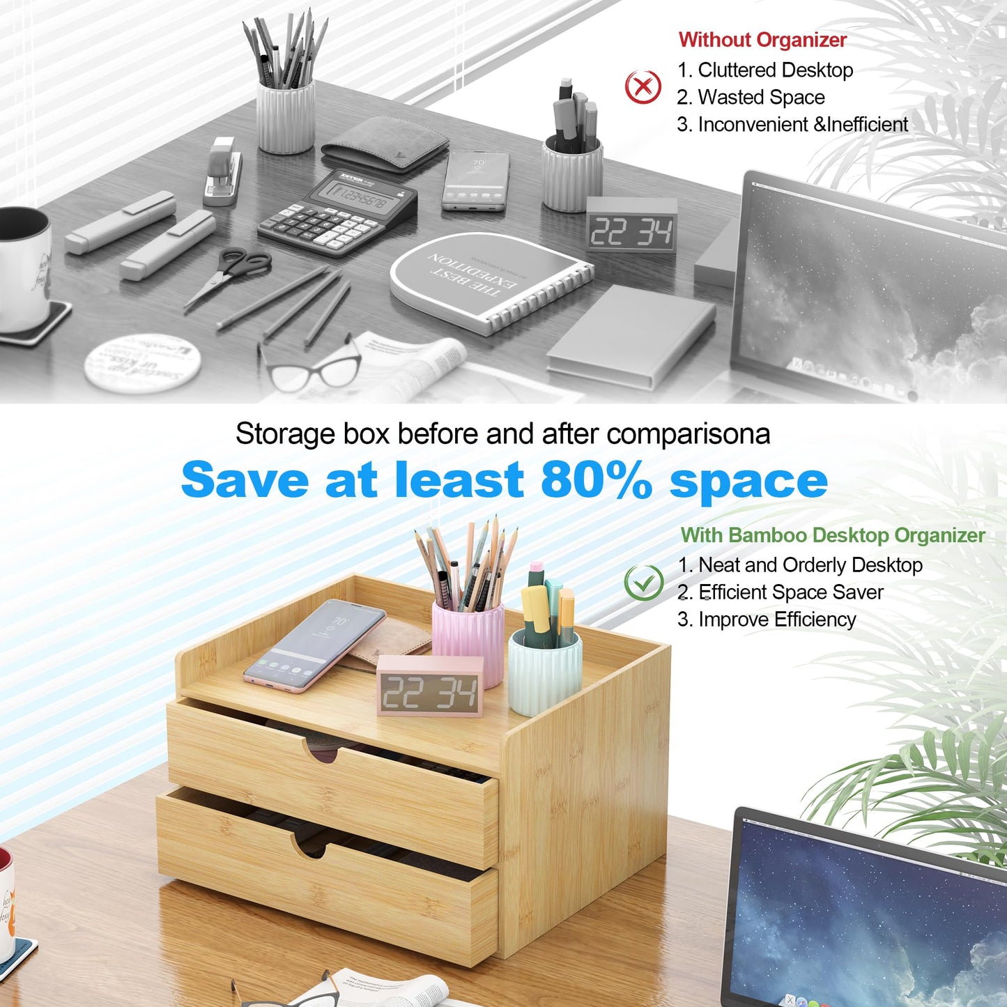 Bamboo Desk Drawer Organizer, Large Desktop Organizer with Drawers Tabletop Storage Organization Box for Office Home Toiletries Supplies Vanity, No Assembly Required (2 Drawer with Shelf)