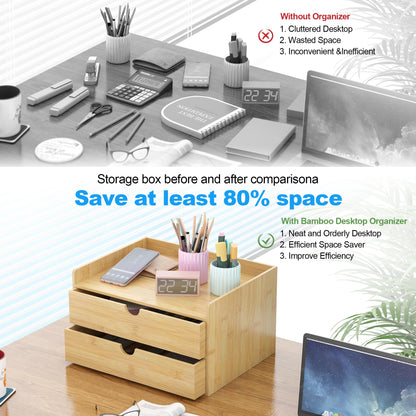 Bamboo Desk Drawer Organizer, Large Desktop Organizer with Drawers Tabletop Storage Organization Box for Office Home Toiletries Supplies Vanity, No Assembly Required (2 Drawer with Shelf)