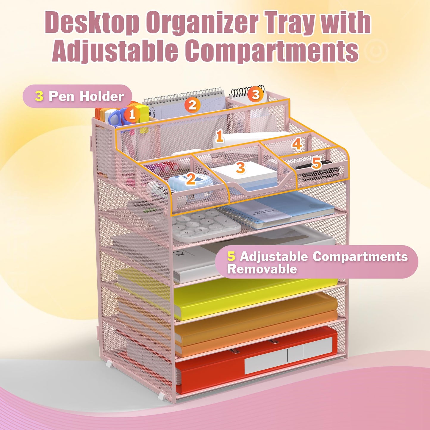Docnest 6 Tier Mesh Desk Organizer for Paper Office Supplies – Multi-Functional Letter Tray with 5 Adjustable Compartments, 9 Pen Holders, Desktop Storage for Files, Mail, Stationery – Pink