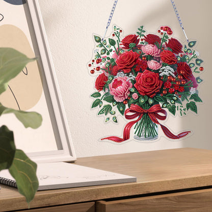 VODAPYC Mother's/Valentine's Day Rose Diamond Art Hanging Kits for Adults, DIY Acrylic Double Sided Special Shaped Diamonds Art Window Pendant Ornament(Red Rose Flower)