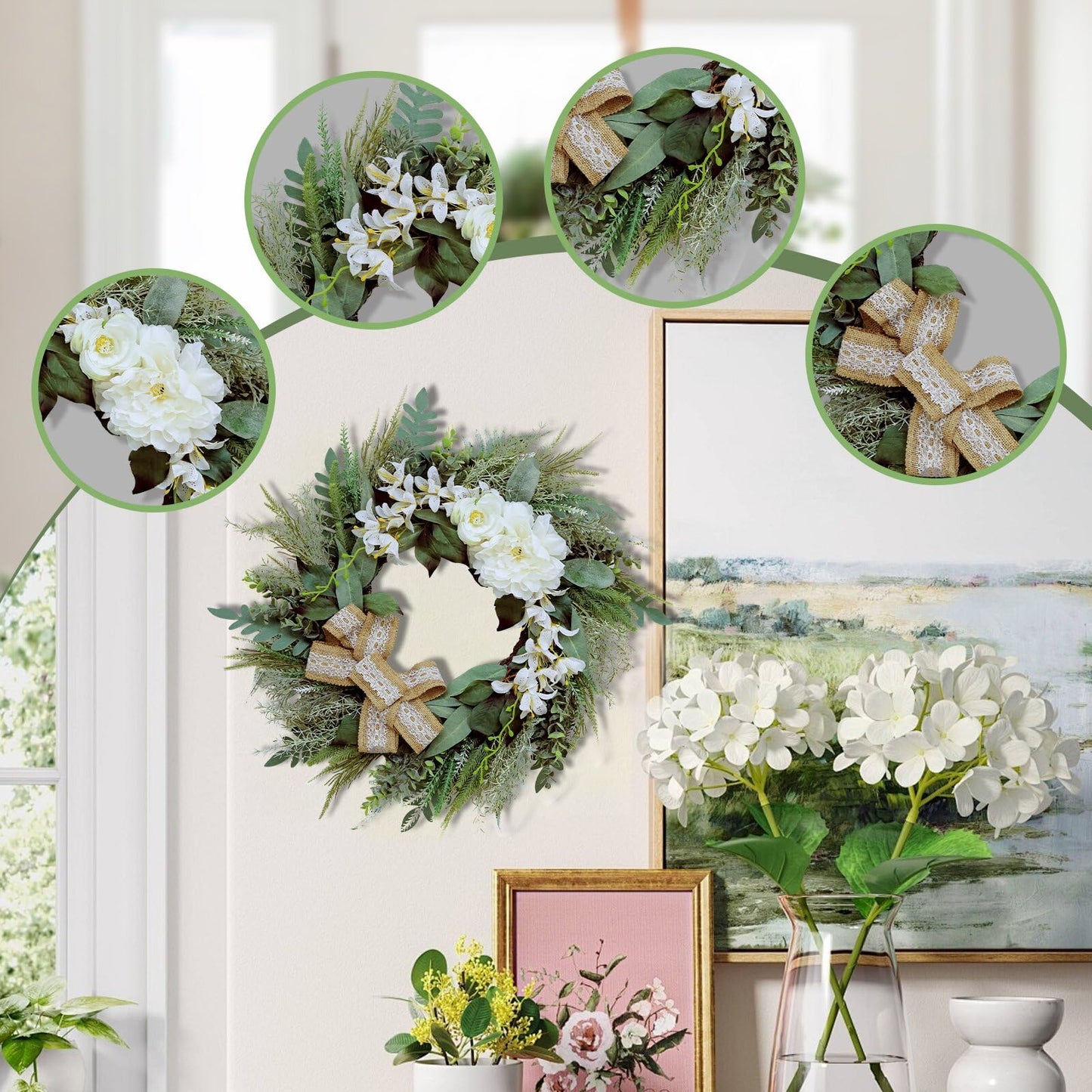 Petalivebioom 22 Inch Lace Bow Eucalyptus Front Door Wreath, Artificial Elegant Greenery Wreath, Weather Resistant Farmhouse Outdoor Indoor Porch Wall Wedding Home Decor