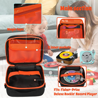 FURIMETY Records Toy Storage Bag Compatible with Fisher-Price Musical Toy Deluxe Rockin Record Player, Carrying Case with Accordion Album Pockets for kids record player, Black