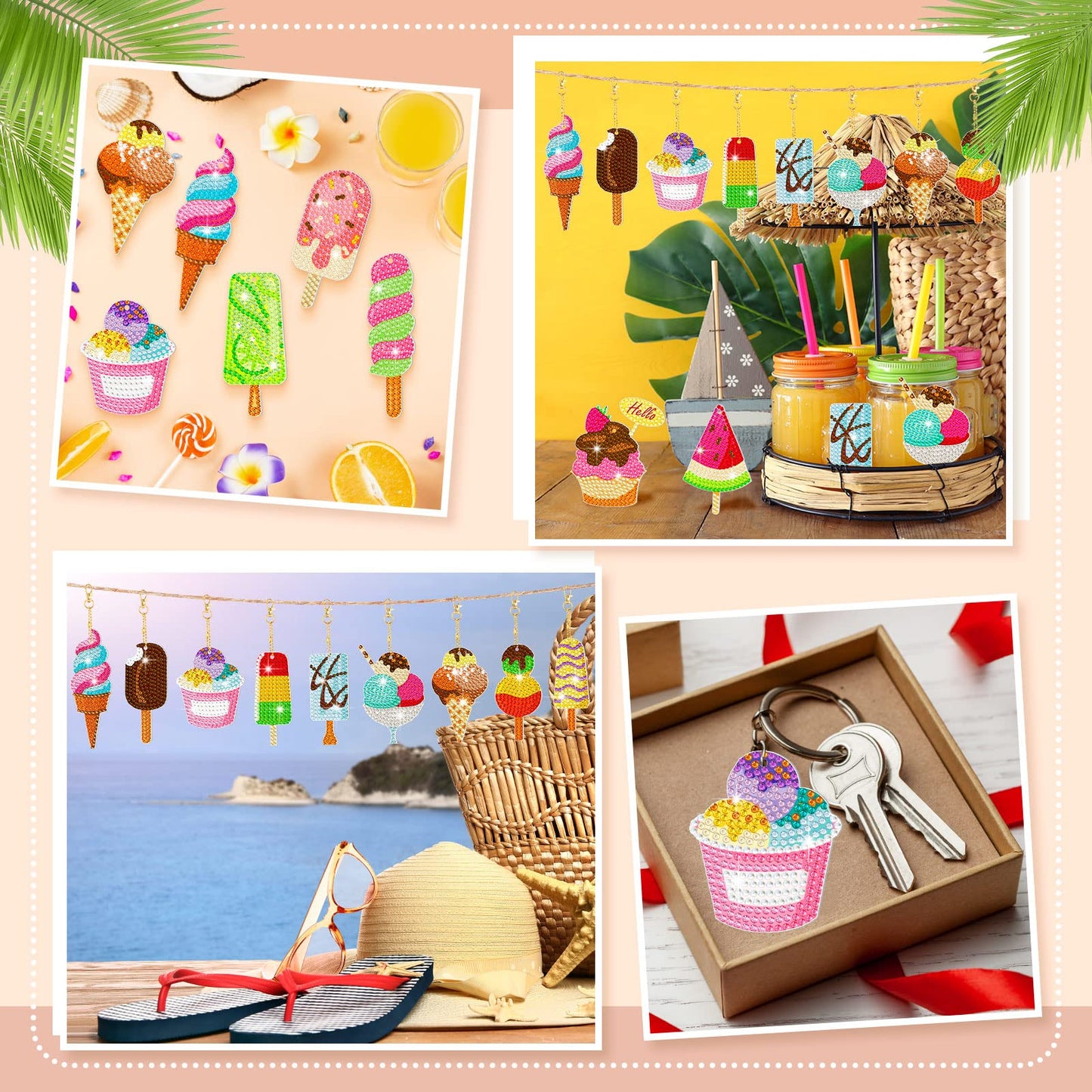 Estune 15 Pieces Summer Diamond Painting Keychain Kits 5d Ice Cream Diamond Art Keychains DIY Painting Kit Summer Hanging Diamond Art Kits Diamond Art for DIY Crafts
