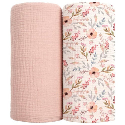 LuluMoon Muslin Swaddle Blankets - Soft Floral Print Receiving Blankets for Newborn Girls | Pink Flower Design