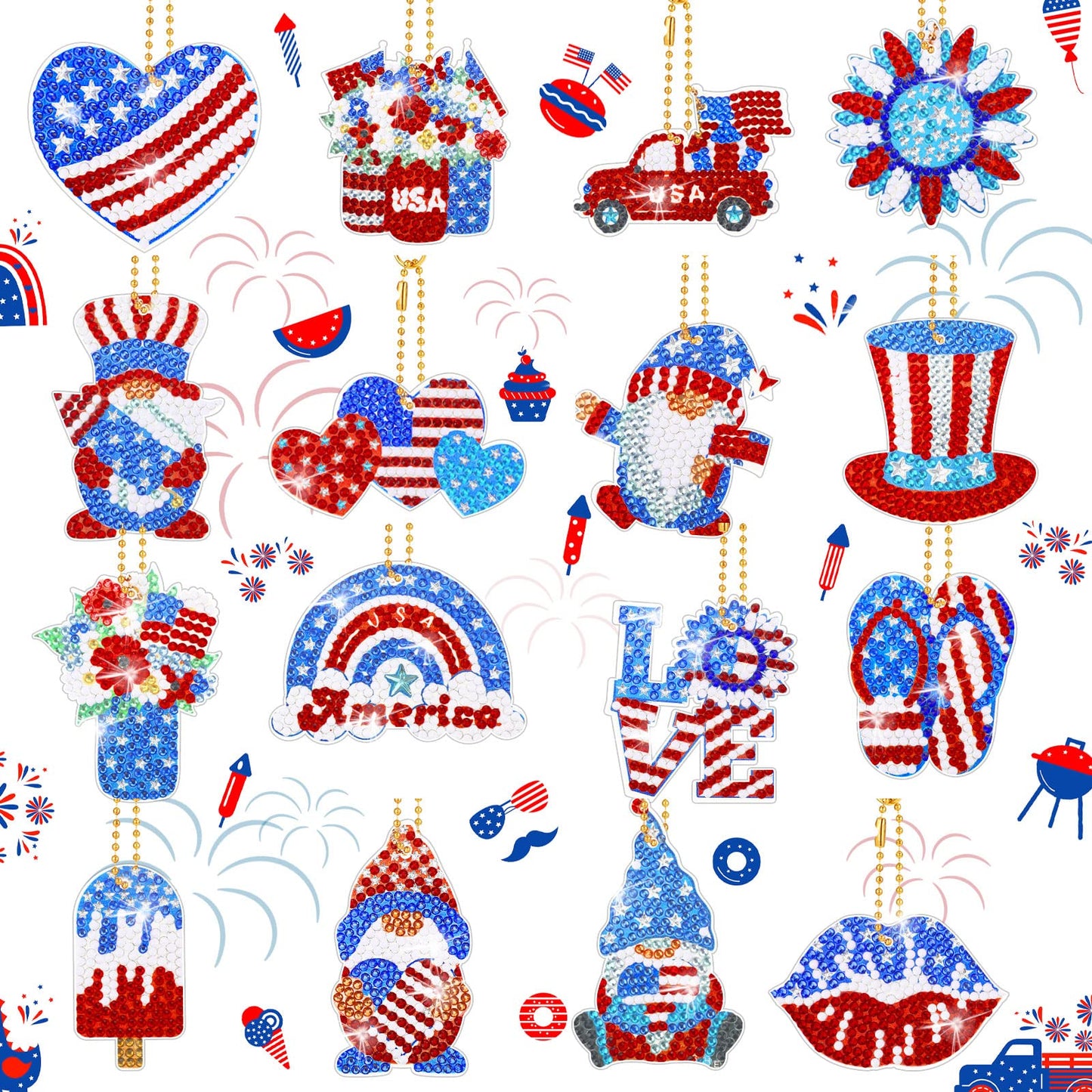 Sasylvia 16 Pcs 4th of July Diamond Painting Keychains Patriotic Diamond Art Kit Gnome Painting Ornaments American Flag Red Blue White DIY Craft 250th Anniversary Decorations for Adult